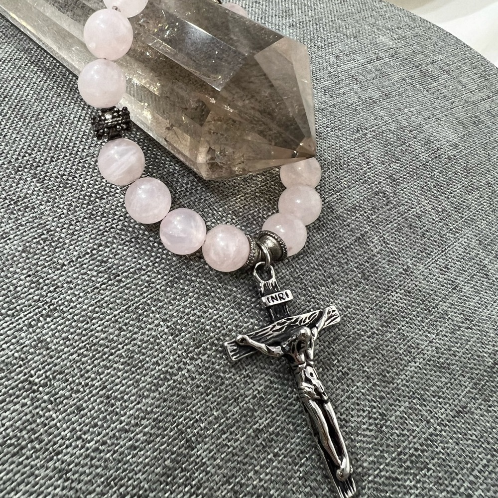 Rosary" Bracelet Rose Quartz Stone with Cross Stainless Steel Silver ☑️ - Picture 4 of 14